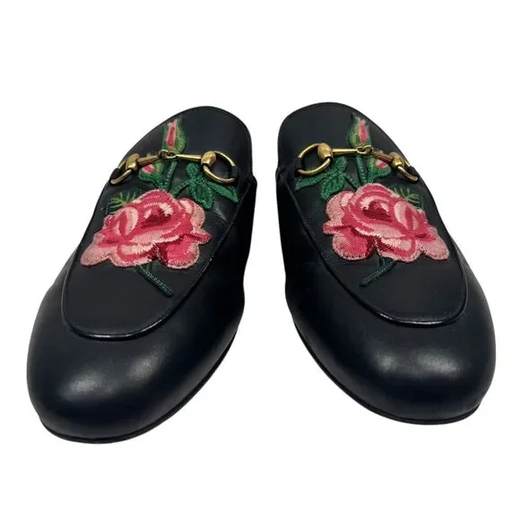 Gucci Princetown Rose Embroidered Black Loafer Mules Sz 40 Designer Iconic Flats - Picture 3 of 11